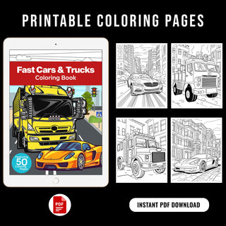 50 Fast Cars & Trucks Printable Coloring Pages For Kids & Adults (INSTANT DOWNLOAD)