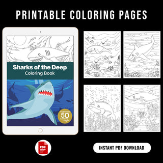 50 Sharks Of The Deep Printable Coloring Pages For Kids & Adults (INSTANT DOWNLOAD)