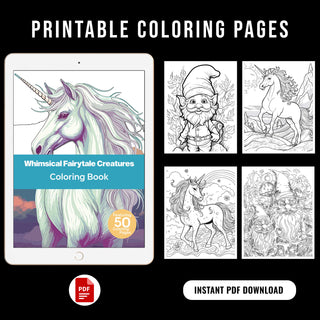 50 Whimsical Fairytale Creatures Printable Coloring Book For Kids & Adults (INSTANT DOWNLOAD)