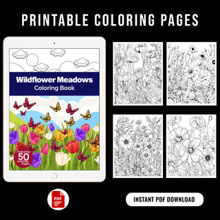 50 Wildflower Meadow Printable Coloring Pages For Kids & Adults (INSTANT DOWNLOAD)