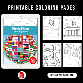 50 Colorful World Flags Printable Coloring Pages For Kids & Adults (INSTANT DOWNLOAD)