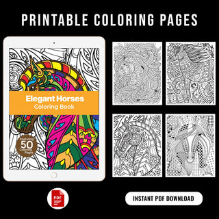 50 Elegant Horse Printable Coloring Pages For Kids & Adults (INSTANT DOWNLOAD)