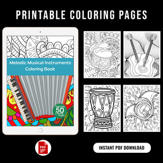 50 Melodic Musical Instrument Printable Coloring Pages For Kids & Adults (INSTANT DOWNLOAD)
