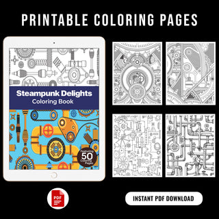 50 Delightful Steampunk Printable Coloring Pages For Kids & Adults (INSTANT DOWNLOAD)