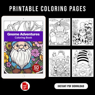 50 Gnome Adventure Printable Coloring Pages For Kids & Adults (INSTANT DOWNLOAD)